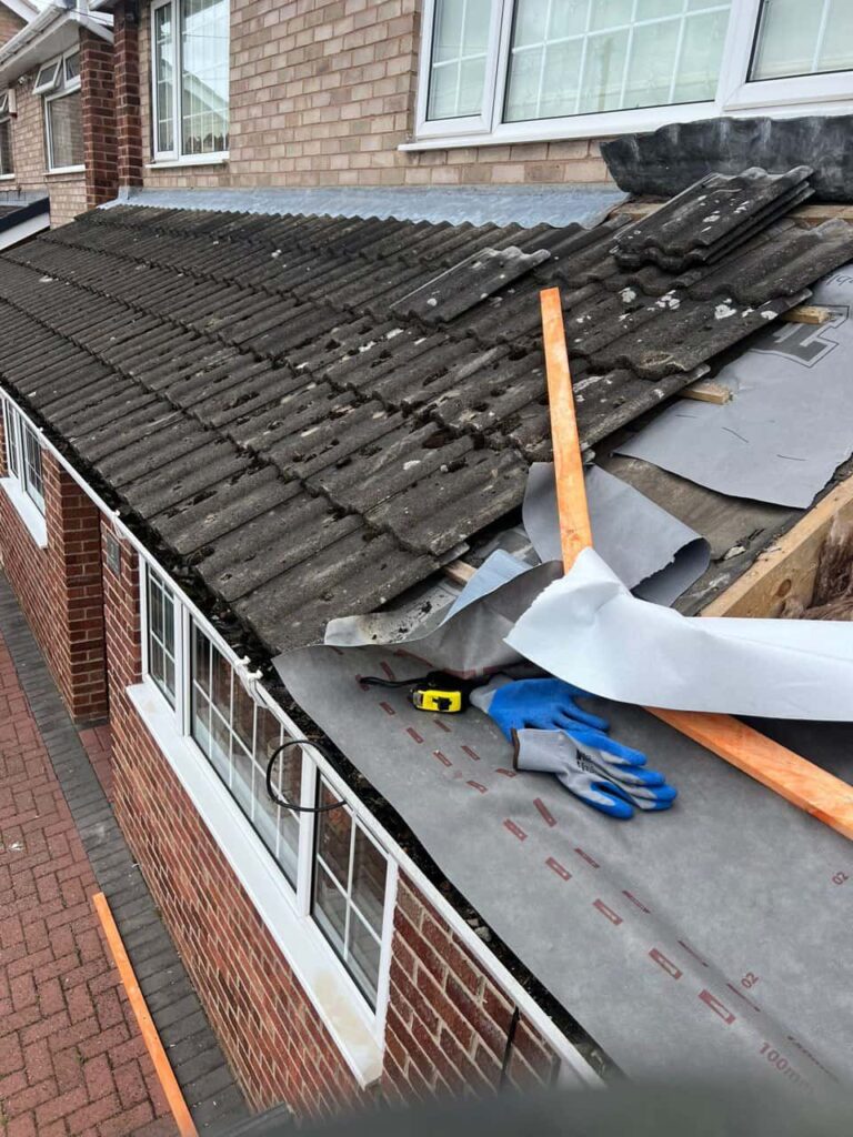 This is a photo of a pitched roof which is being repaired. The existing roof was leaking badly. Works carried out by Selsey Roofing Repairs